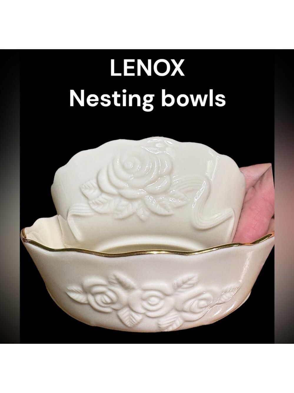 LENOX-2 porcelain nesting bowls. Rosebud Collection Rose Blossom Gold Trim. EUC!